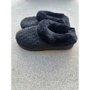 Dearfoams Womens Black Cable Knit Faux Fur Memory Foam Slippers Size M 7-8
